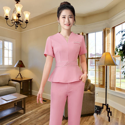 Spring and Summer Beauty Salon Technician Black and White High-Elastic Work Clothes Women's Fashionable Elegant Foot Massage Shop Mid-Sleeve Pants Suit