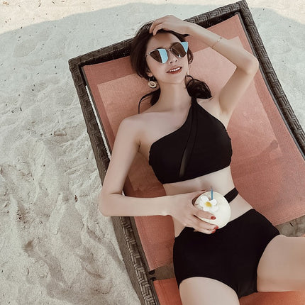 Korean Hot-Selling Pure Color Sexy Pure Desire One-Shoulder Beautiful Back Split Women's Swimsuit Beach Bikini Hot Spring Swimsuit