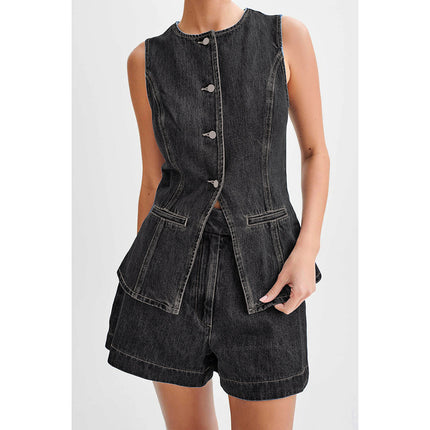 Women's Clothing Set Wish Space Station Cross-Border Independent Station Ready-Made Fashion Brand Sleeveless Denim Shorts Set
