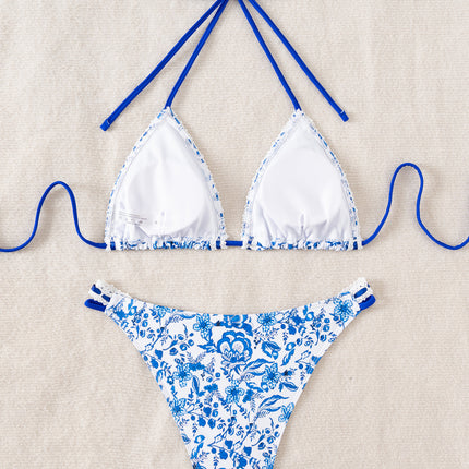 Billion Swimming 2025 European and American New Bikini Sexy Printed Neck Lace Swimsuit Women's Split Swimwear for Foreign Trade