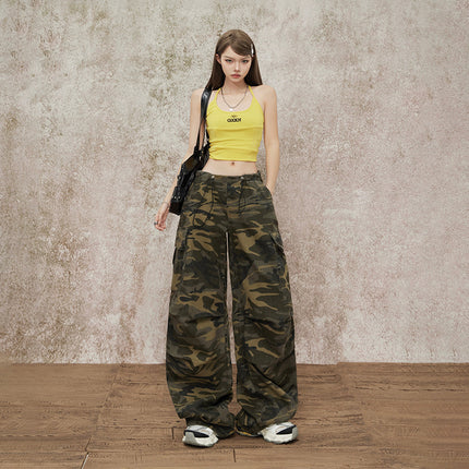 American Retro Camouflage Drawstring Design Low-Waist Cargo Pants for Women Summer New Loose Slimming Leggings Casual Pants for Women
