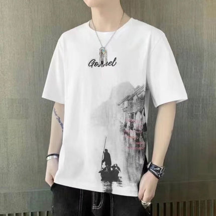 Short-Sleeved Men's Thin Simple 2024 T-Shirt New Loose Round Neck Summer Ins Trendy Hong Kong Style Student Male Street Stall Wholesale