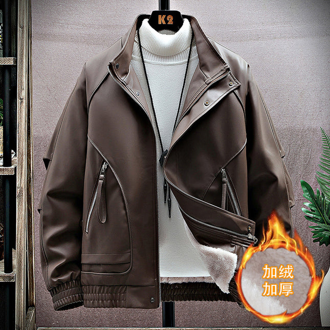 Vertical Collar Leather Jacket Men's Winter fleece-lined Thickened Biker Leather Jacket High-end Fashionable Trendy Ripper Handsome Casual Top
