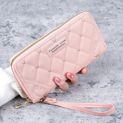 New Women's Wallet Long Single Zipper Solid Color Embroidered Hand Bag Large Capacity Coin Purse Multifunctional Mobile Phone Bag