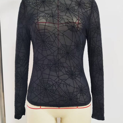 Europe and the United States cross-border 2024 new single-layer mesh small collar flocking printing long sleeve base coat women's T-shirt