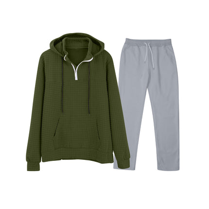 European and American Cross-Border Long-Sleeved Waffle Top Aliexpress Solid Color Drawstring Pocket Hoodie Sweatshirt and Sweatpants Set