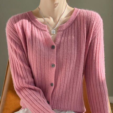 Autumn and Winter New Versatile Loose Sweater Niche Short Cardigan with Round V-Neck Design Ribbed Knit for Women