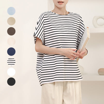 Japanese Rakuten Batwing Sleeve T-Shirt Women's Summer Popular Casual Pure Cotton Cool Loose Anti-Pilling Solid Color Short Sleeve