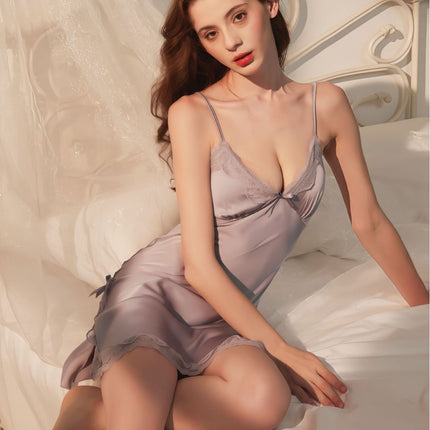French-Style High-End Ice Silk Camisole Nightdress for Women, Summer Lace with Chest Pad, Sexy Sleepwear, Pure Desire Style Set, Loungewear