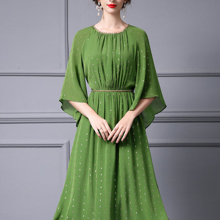 Zhili Green Mature Feminine Style Waist-Cinching Dress with Beading and Flared Sleeves, New for Spring 2026