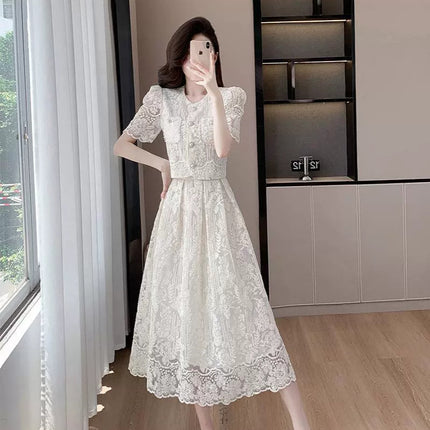 Cross-border new high-level socialite xiaoxiang style nail beads water-soluble lace short top high waist large swing skirt suit