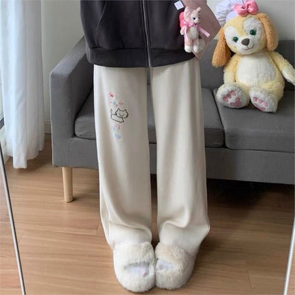 Apricot Japanese Dopamine Cute Girl Cat Print Casual Pants for Female Students Loose Drape Commuting Trousers