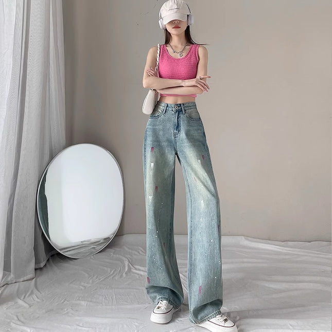 Wide Leg Jeans Women's 2024 Summer New High Waist Slimming Design Sense Dipped Splash Ink Straight Pants