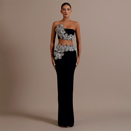 2025 European and American New Design Flower Diamond Bandage Set Sexy Tube Top Long Skirt Two-Piece Set