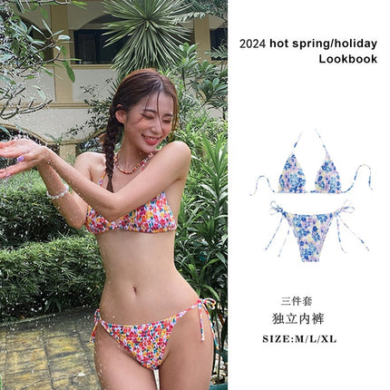 Floral Small Fresh Color Printed Pleated Bikini Chest Pad Small Chest Gathering Hot Spring Seaside Holiday Swimsuit Women
