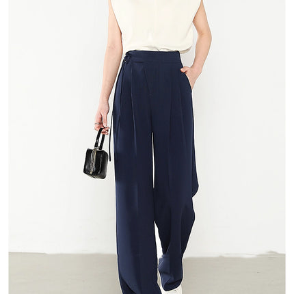 Navy Blue Women's Suit Pants New Chinese Style Tie Pants Drape Slimming Straight Wide-Leg Pants Extended Length