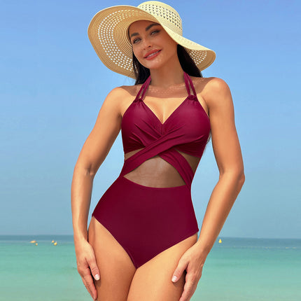 2025 New European and American Amazon Cross-Border One-Piece Swimsuit Solid Color Mesh Bikini Quick-Dry