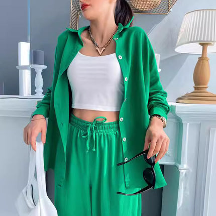 European and American Cross-Border 2025 Spring New Casual Suit Pure Color Lapel Long-Sleeved Shirt Top Harem Pants Two-Piece Set