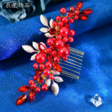 Chenxing European and American Retro Bridal Hair Comb Red Beaded Alloy Leaf Dance Performance Hair Accessory Cx596