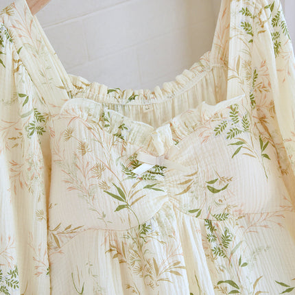 Spring and Summer Double-layer Yarn Nightdress with Chest Pad Autumn and Four Seasons Long Sleeve Bra-free Cup Crepe Casual Pajamas Home Dress