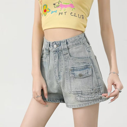 2025 Denim Shorts Women's Summer Loose Niche Design High-Waisted A-Line Workwear Multi-Flap Pocket Pants Women's Super Shorts