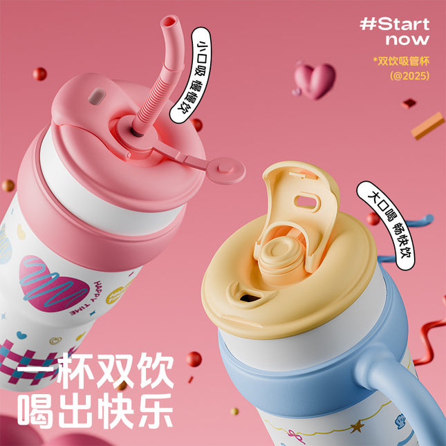 New Model Giant Double Drinking Straw Thermos Cup, Large Capacity Water Bottle for Women, High Aesthetic Value, Ice-Retaining with Handle