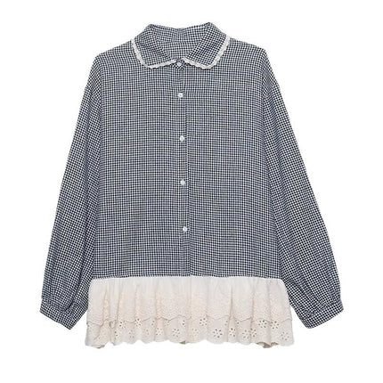 95% Upper Cotton # Spring and Autumn Sweet Style Lace Spliced Doll Collar Stacked Brushed Plaid Shirt Women's Top