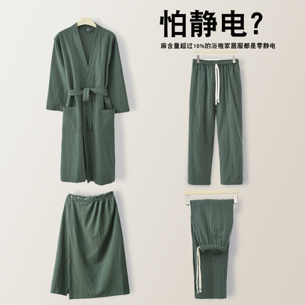 Lu Suyoupin Cotton Linen Bathrobe Bathrobe Home Clothes Pants Bath Skirt suit Pajamas Nightgown Outwear Couple