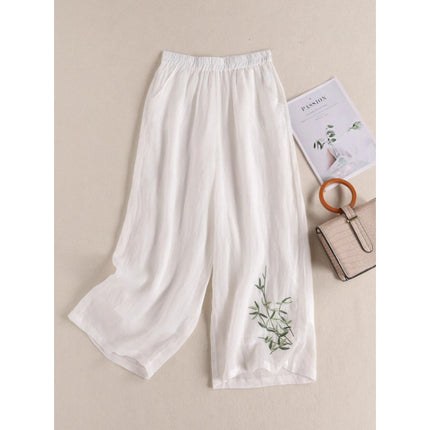 Southeast Asia Cross-Border Spring and Autumn Large Size Loose-Fitting Casual Slimming High-Waisted Cotton and Linen Embroidered Wide-Leg Pants