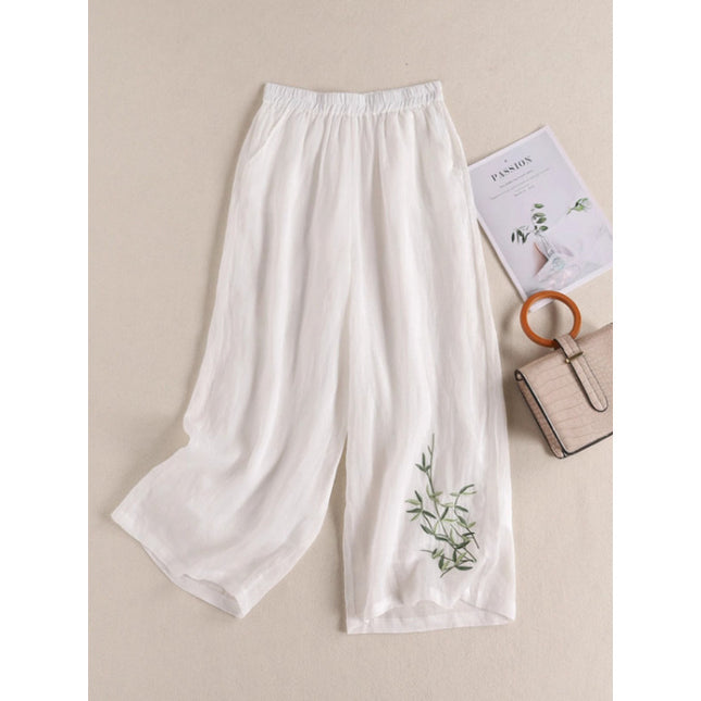 Southeast Asia Cross-Border Spring and Autumn Large Size Loose-Fitting Casual Slimming High-Waisted Cotton and Linen Embroidered Wide-Leg Pants