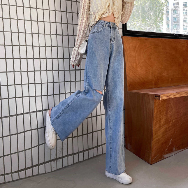 2024 Summer Hong Kong style chic ripped Denim wide-leg pants women's fashionable loose straight slimming draping mop pants