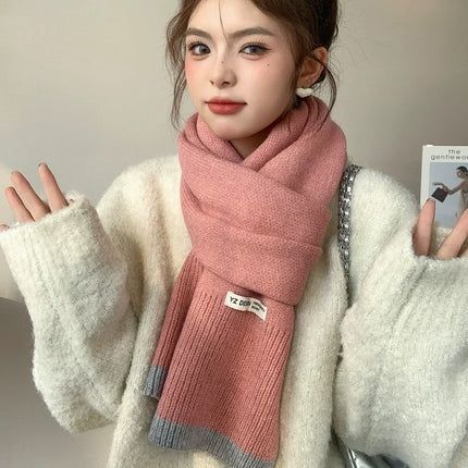 New Korean Style All-match Knitted Contrast Color Soft Waxy Scarf Women's Winter Fashion All-match Warm Student Thick Scarf Cold-proof