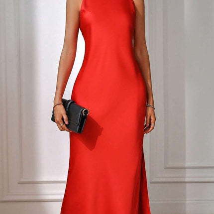 European and American Cross-Border Amazon Satin Dress Women's Spring and Summer Sleeveless Slit Satin Imitation Silk Long Skirt