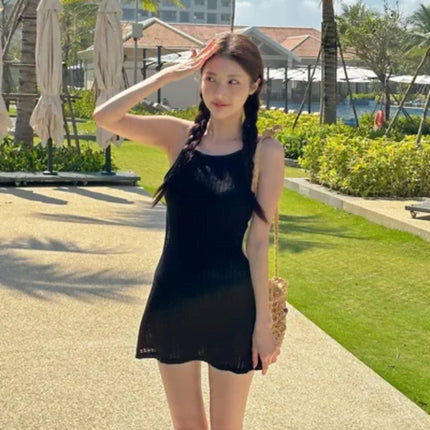 Korean Ins Style New Sexy Beautiful Back Knitted Fabric Pure Desire Small Fragrance Style High-End One-Piece Swimsuit for Women