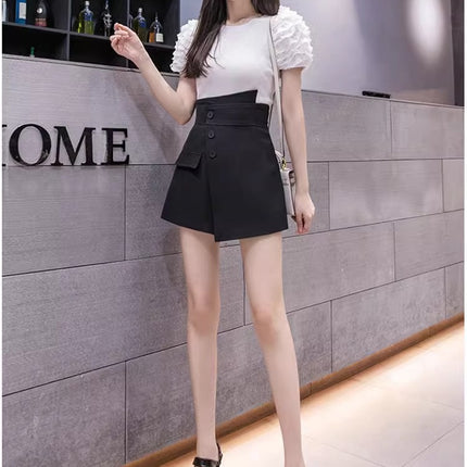 A-Line Wide-Leg Shorts for Women 2025 Spring High-Waisted Slimming Black Suit Design Button Fashion Half Skirt