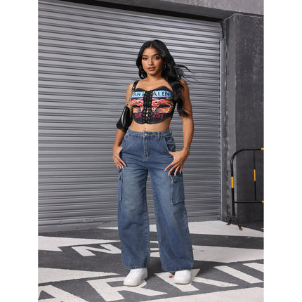 European and American Flip Large Pocket Tooling Jeans Loosen Casual Non-elastic Tooling Pants Women's Denim Tooling Pants