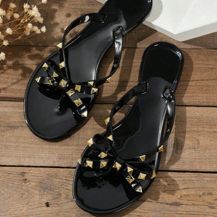 Cross-border Foreign Trade Europe and America Summer Clip Toe Bow Rivet Beach Holiday Flip-flops Flat Women's Sandals Slippers
