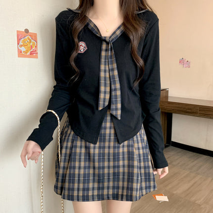 2025 New plus size Irregular V-neck Long Sleeve Top Women's Retro Plaid A- Line Skirt Academy Style suit