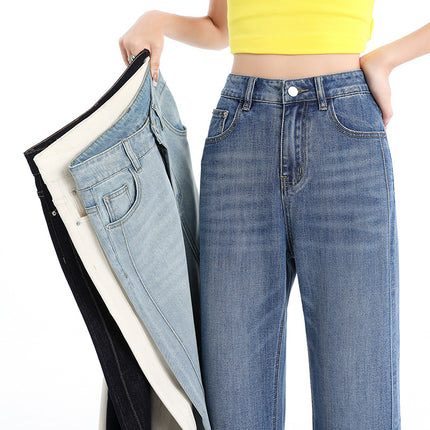 Raccoon House # Lyocell Loose Baguette Pants High-Waisted Elastic Straight Pear-Shaped Figure Slim Jeans for Women