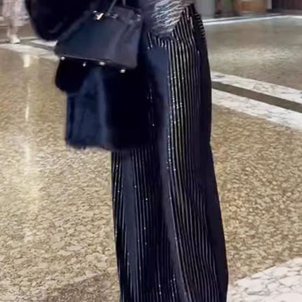 Chinese Style Rhinestone High-End Black High-Waisted Straight Wide-Leg Pants for Women, Winter Slimming Versatile European High-Quality Floor-Length Pants