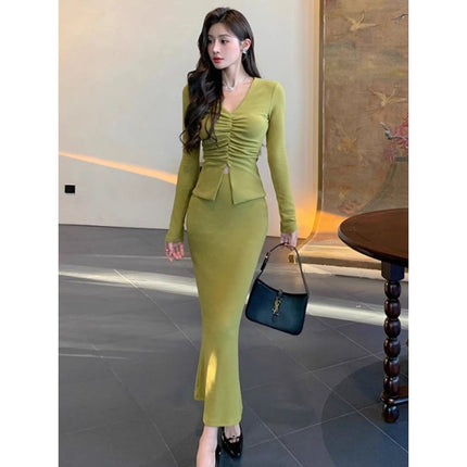 French Style Autumn Sexy Dress Women's 2024 New Slim-fit Slimming Green High Waist Hip Skirt Two-piece Set