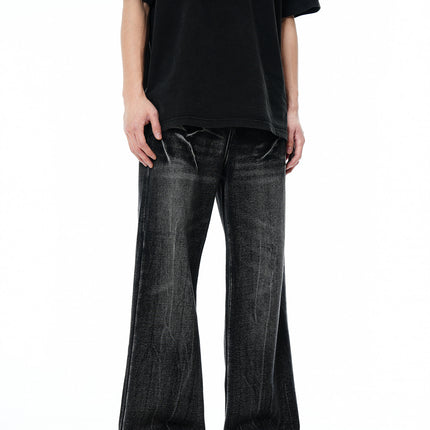 11KN American Retro High Street Lightning Crack Washed Jeans Old Cat Whiskers Loose Micro-pants Jeans