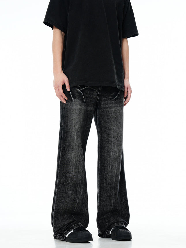 11KN American Retro High Street Lightning Crack Washed Jeans Old Cat Whiskers Loose Micro-pants Jeans