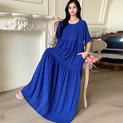 Solid Color Loose-Fitting Plus-Size Maternity Dress, Rayon Beach Dress, Short-Sleeved Long Skirt with a Large Hem