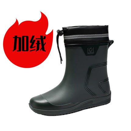 Rain Boots Men's Mid-Calf Water Shoes Waterproof Mouth Drawstring Rubber Shoes Kitchen Takeaway Rider Overshoes Fleece-Lined Warm Rain Boots