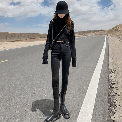 Autumn 2024 New Gray Black Jeans Women's High Waist Slim Look Tall Autumn and Winter Tight Feet Pencil Pants