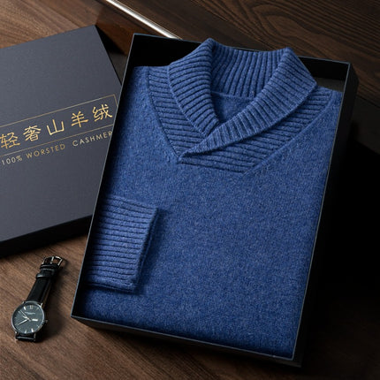 Men's cashmere sweater green collar autumn and winter thickened sweater business casual all-matching men's pure cashmere sweater