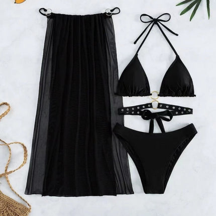 2025 European and American New Plain Long Skirt with Black Eye Straps Three-Piece Swimsuit Swimsuit Bikini Bikini