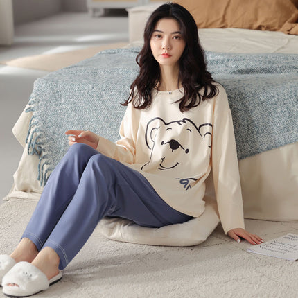 Factory wholesale live fashion spring and autumn cotton pajamas women's cute simple wind long sleeve trousers home clothes suit