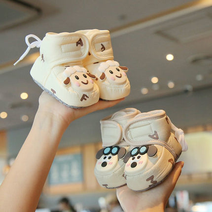 Baby Cotton Shoes Autumn and Winter Fleece-Lined Cartoon Doll Baby Snow Boots Warm Thick Soft Sole Toddler Shoes 0-1 Years Old Walking